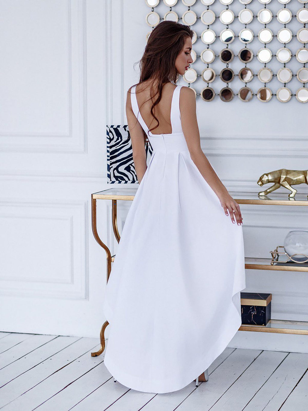white high-low midi dress with open back