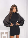 Mock Neck Puffed Satin Sleeve Body-con Mini Dress