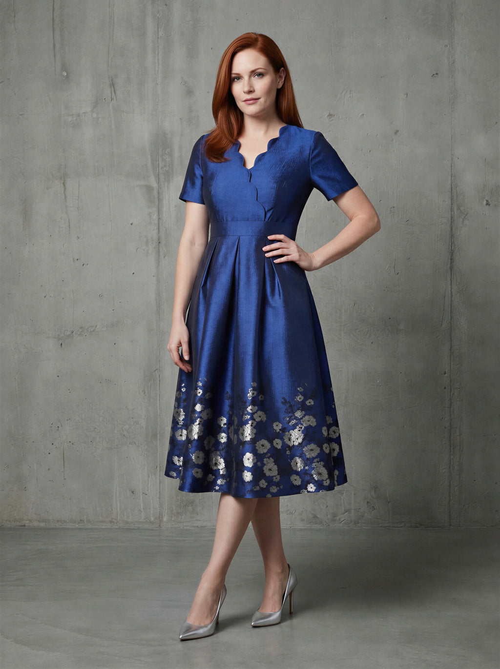 Blue short sleeves floral jacquard A-line mom dress